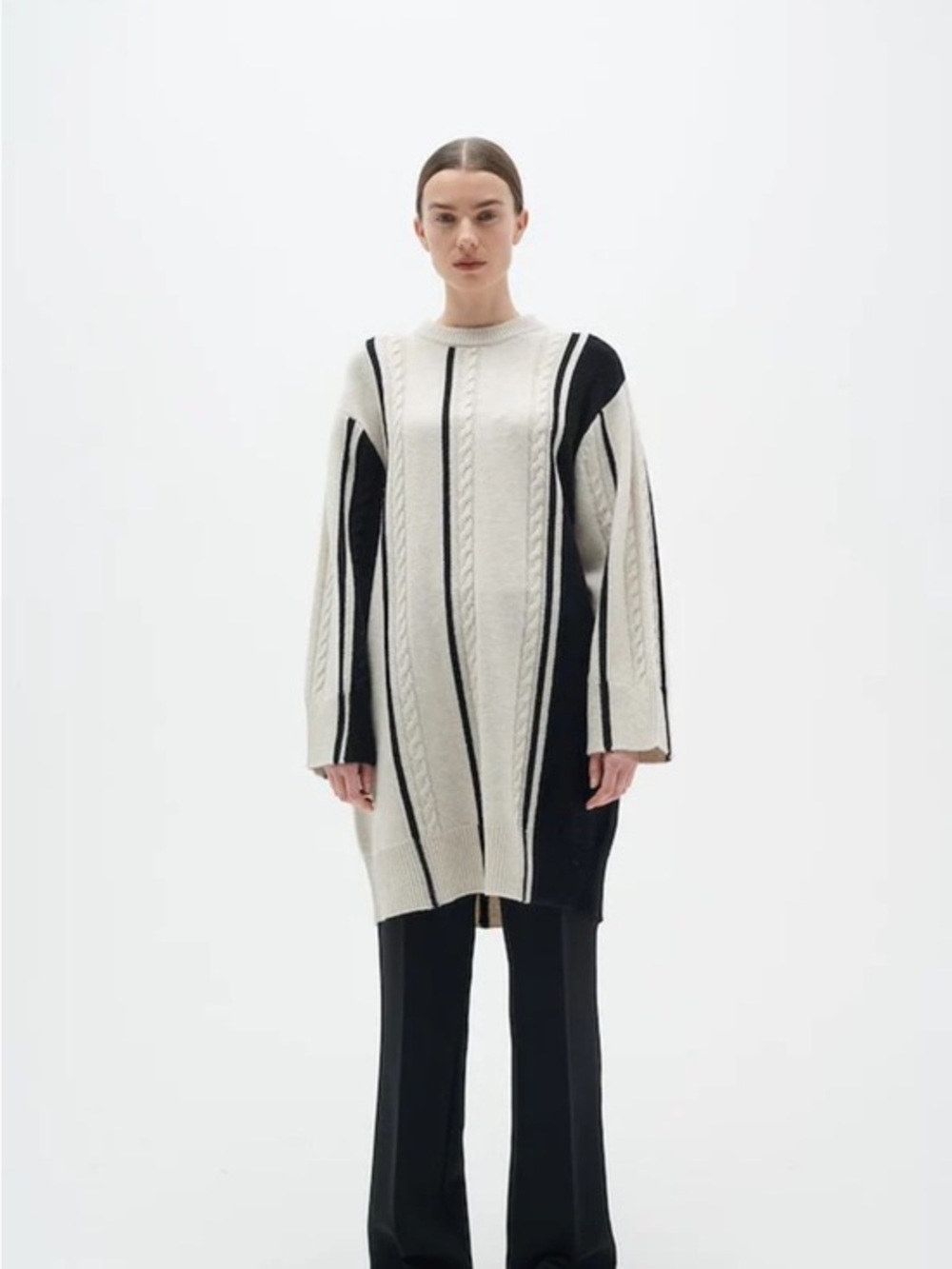 InWear Remmy Sweater Dress Cable Knit Black Cream Wool Blend S/M